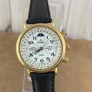 Vintage Peugeot Old Fashion Swiss Quartz Perpetual Calendar Moon Phase Watch